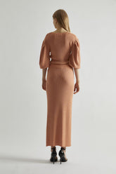 Dusty-Peach Glitter Knitted Bodycon Midaxi-Skirt